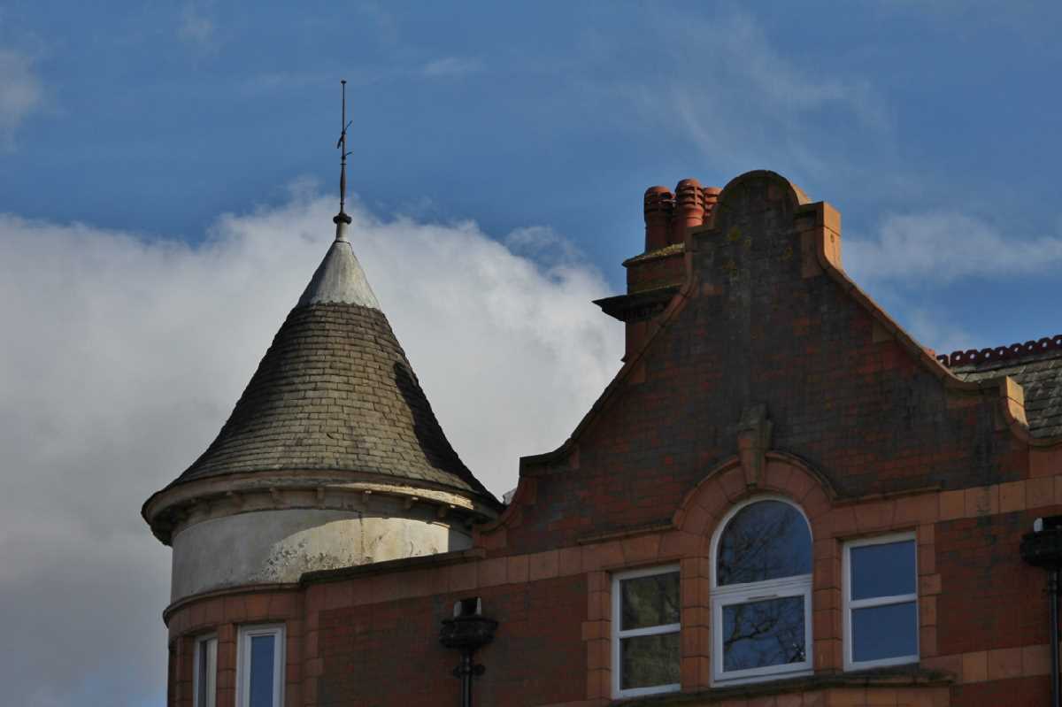 Turret and gable on the corner of Kingsfield Road and Kings Heath High Street, Birmingham.